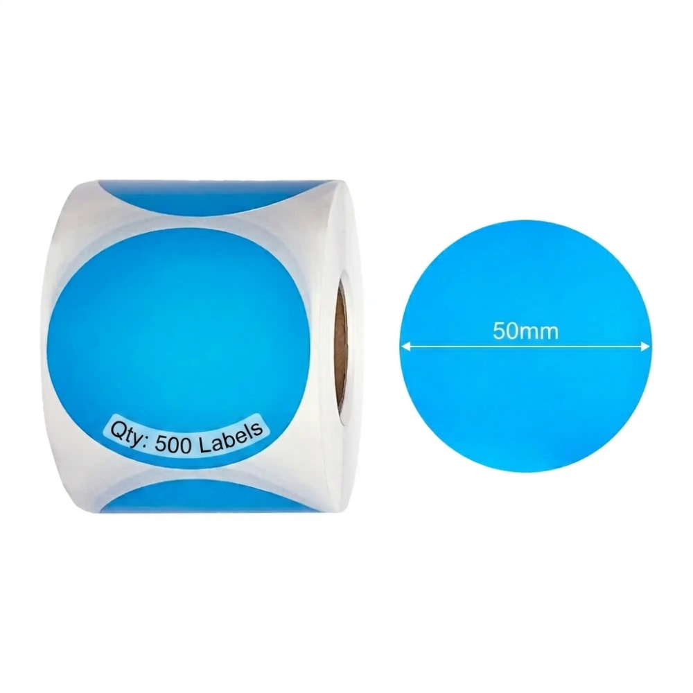 50mm blue round Polypropylene (water proof, tear proof and oil proof) thermal labels 500/roll